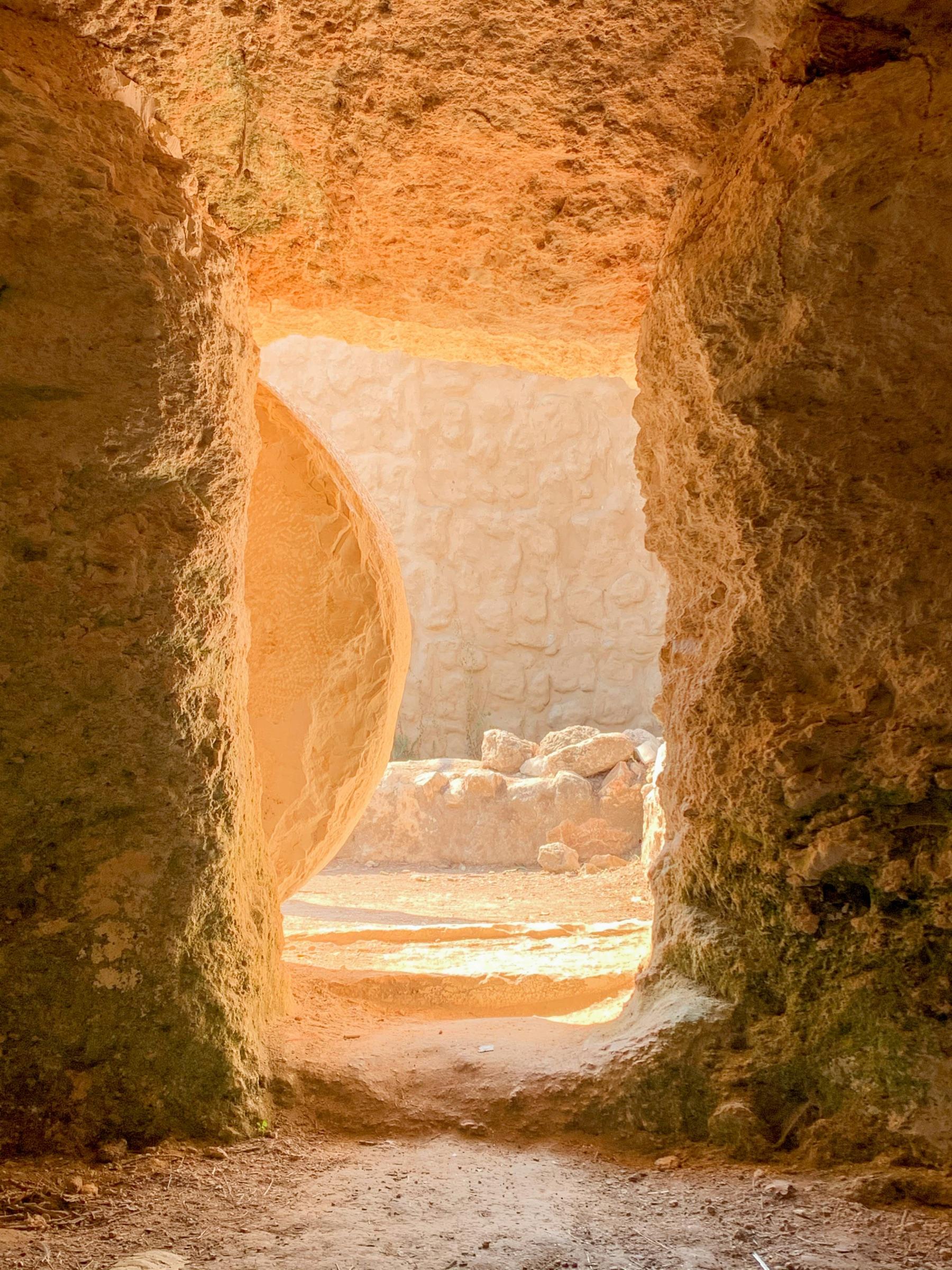 Sunlight through the doorway of a rock-cut tomb in Jerusalem